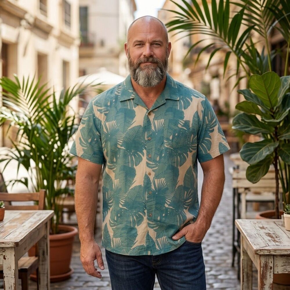Hawaiian Shirt Short Sleeve Teal Beige Palm Leaf Cotton Blend Foundry Mens 2XL
